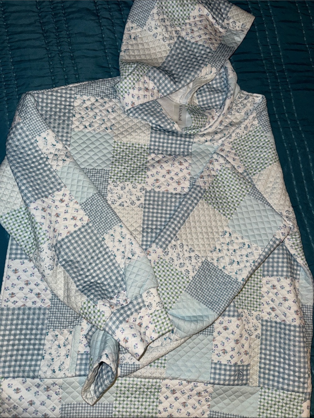 Quilted Patchwork Hooded Sweatshirt - Light Blue & Cream from Alter’d State